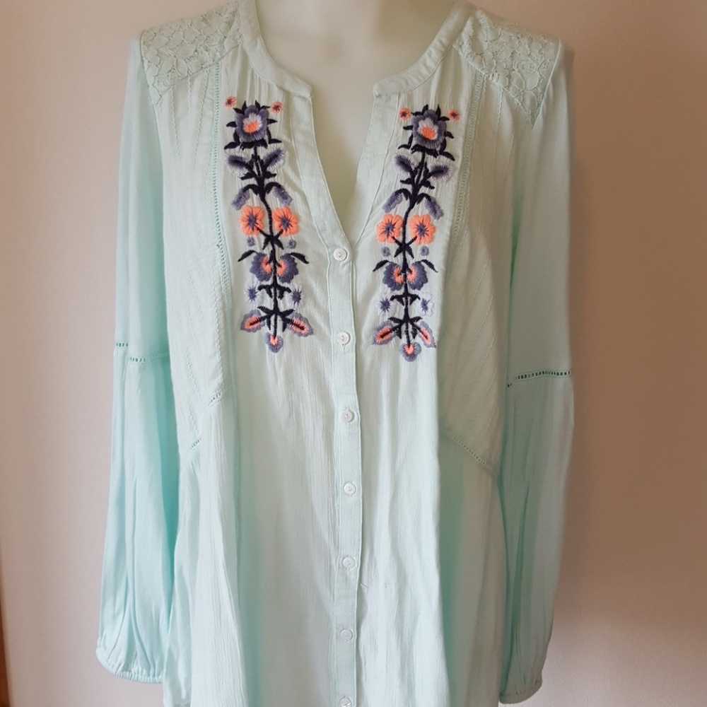 Flutter & Kick maternity,large, green peach,blue embroidered floral flowers